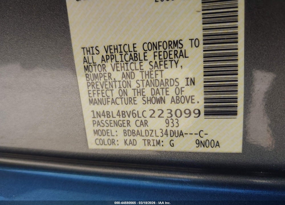 2020 NISSAN ALTIMA S FWD VIN: 1N4BL4BV6LC223099