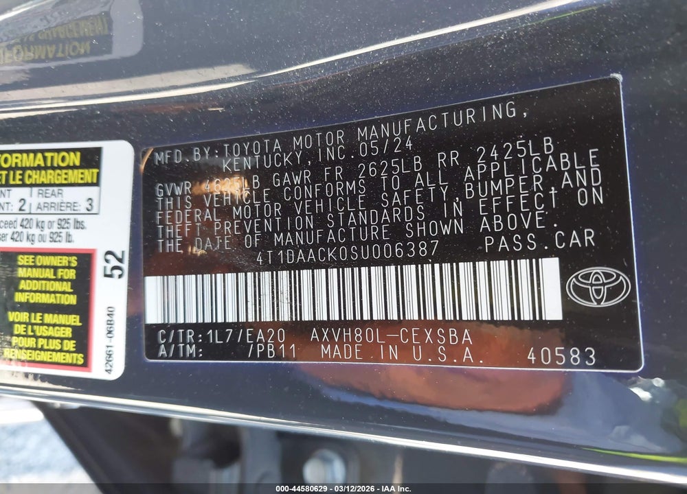 2025 TOYOTA CAMRY SE VIN: 4T1DAACK0SU006387