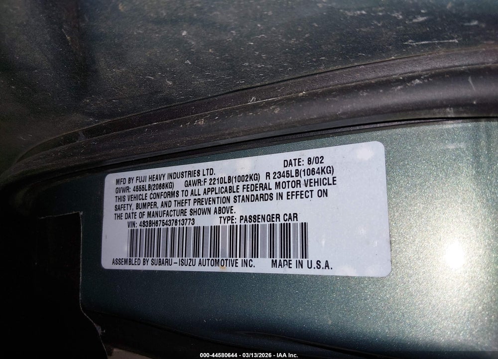 2003 SUBARU OUTBACK VIN: 4S3BH675437613773