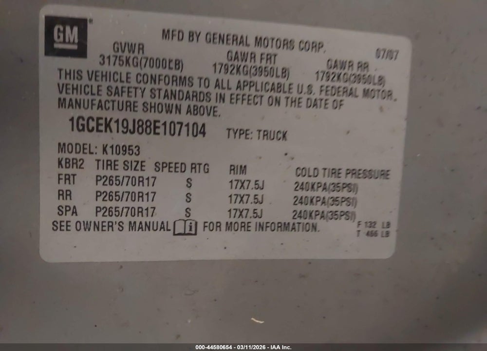 2008 CHEVROLET SILVERADO 1500 LT1 VIN: 1GCEK19J88E107104