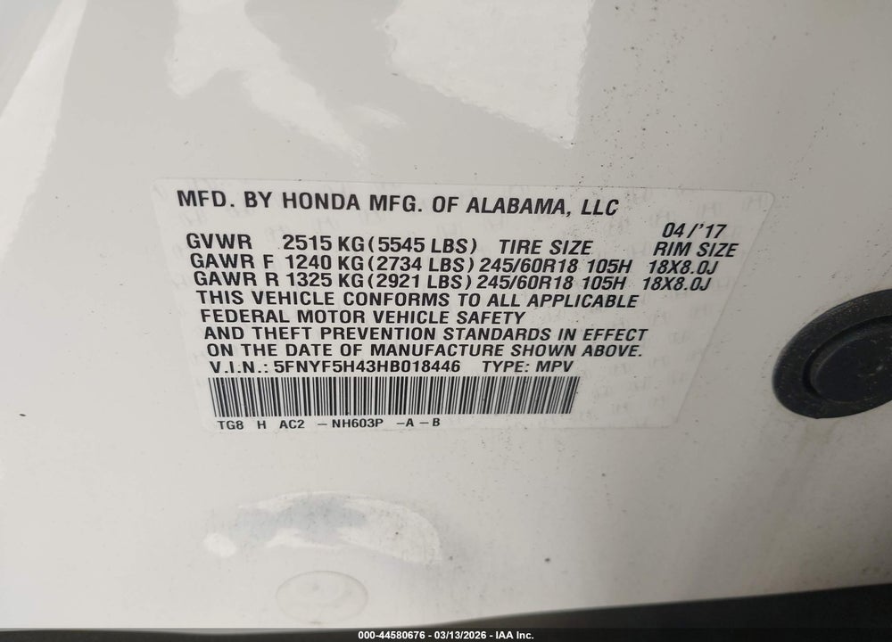 2017 HONDA PILOT EX VIN: 5FNYF5H43HB018446