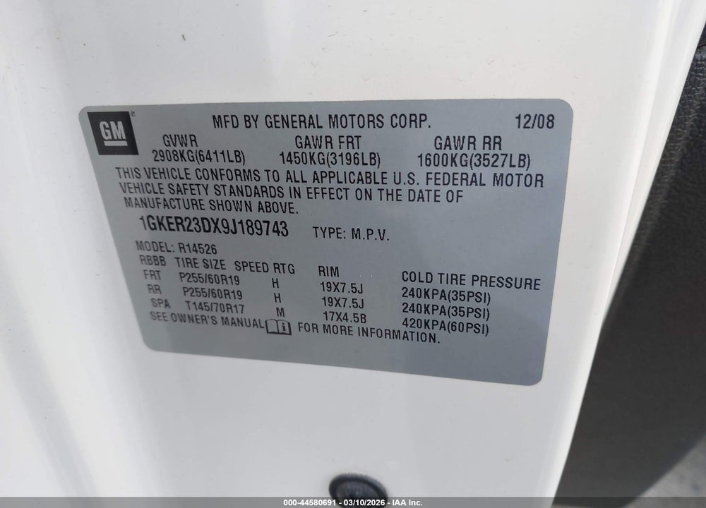2009 GMC ACADIA SLT-1 VIN: 1GKER23DX9J189743