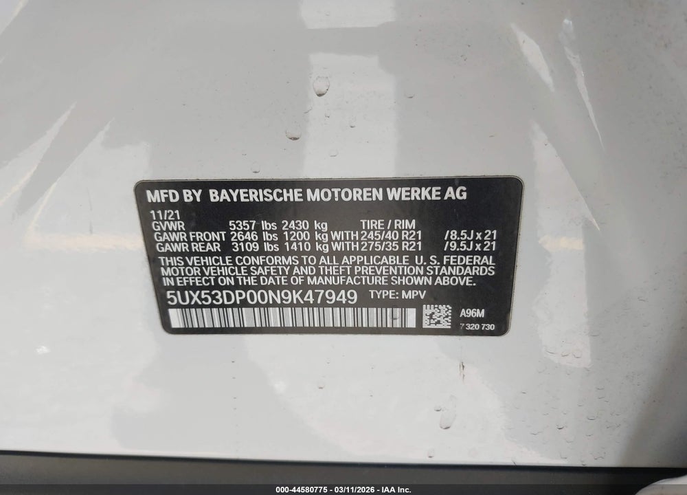 2022 BMW X3 XDRIVE30I VIN: 5UX53DP00N9K47949