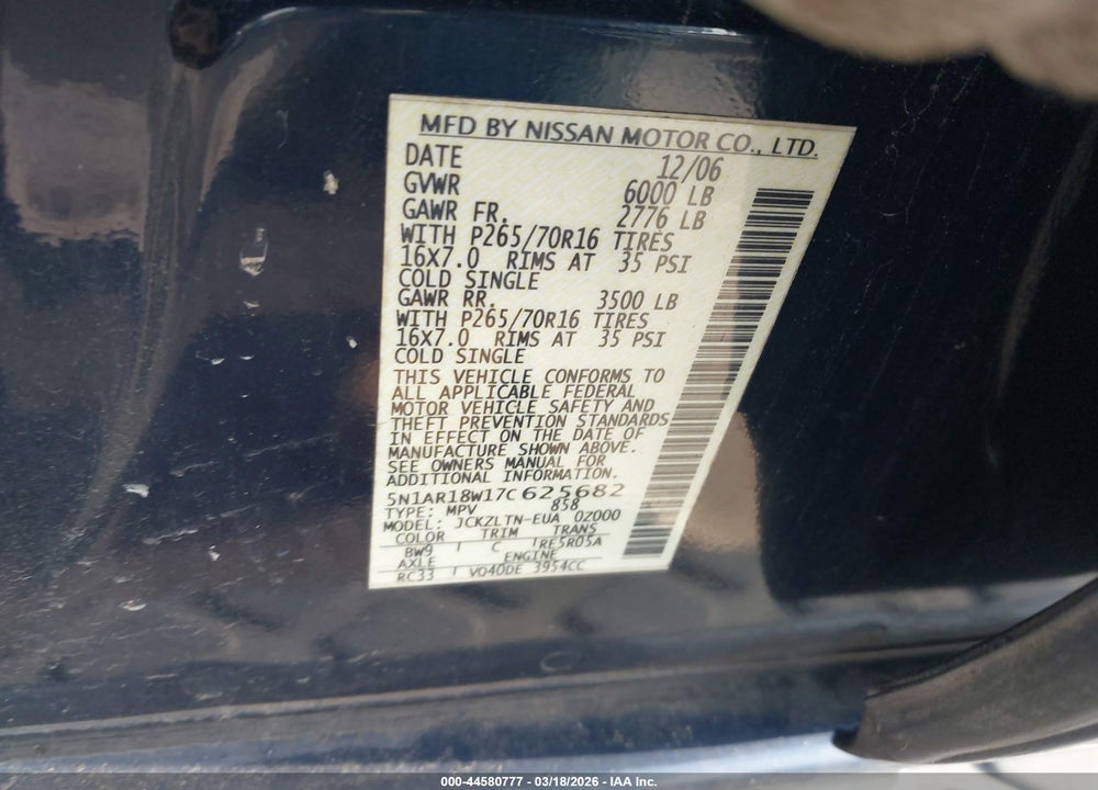 2007 NISSAN PATHFINDER SE VIN: 5N1AR18W17C625682