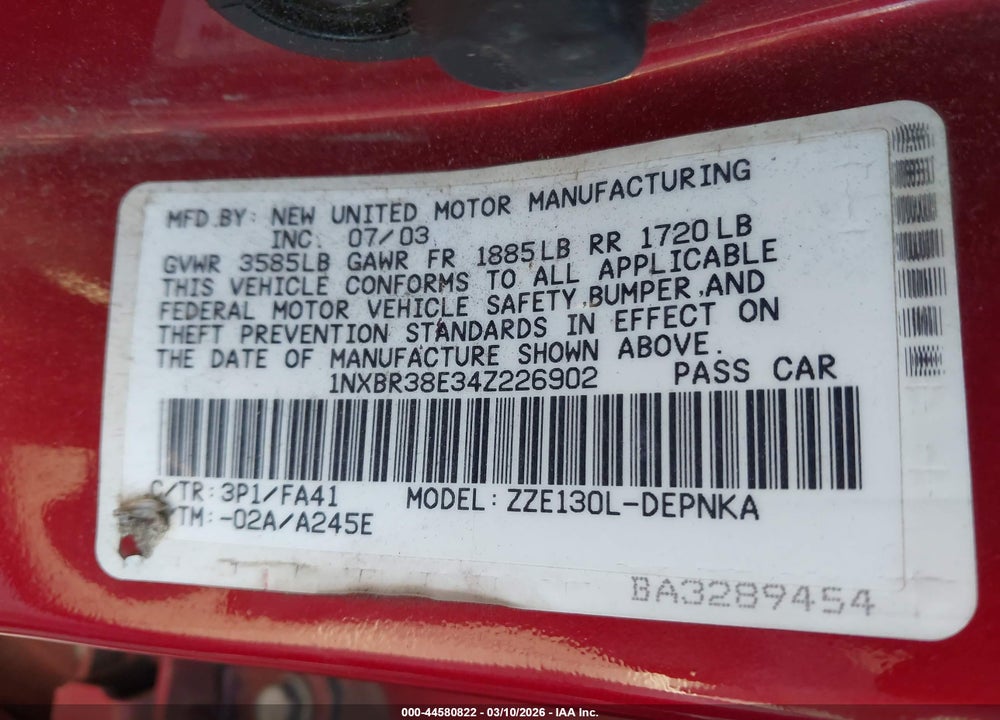 2004 TOYOTA COROLLA LE VIN: 1NXBR38E34Z226902