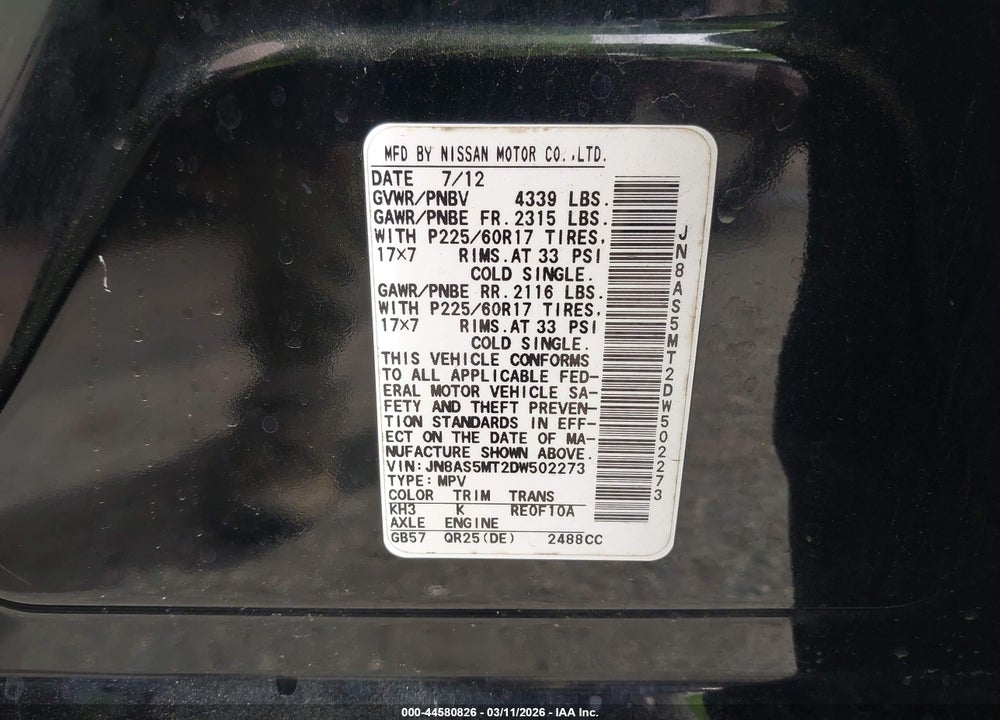 2013 NISSAN ROGUE SV VIN: JN8AS5MT2DW502273
