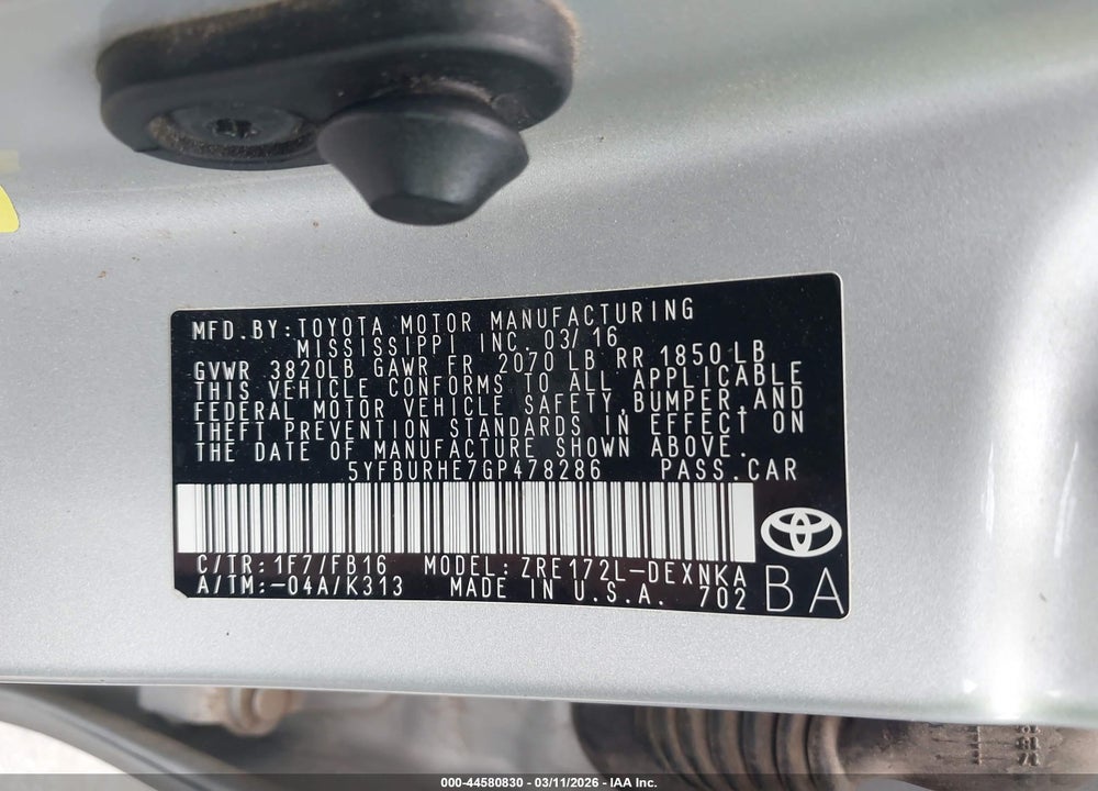 2016 TOYOTA COROLLA LE VIN: 5YFBURHE7GP478286