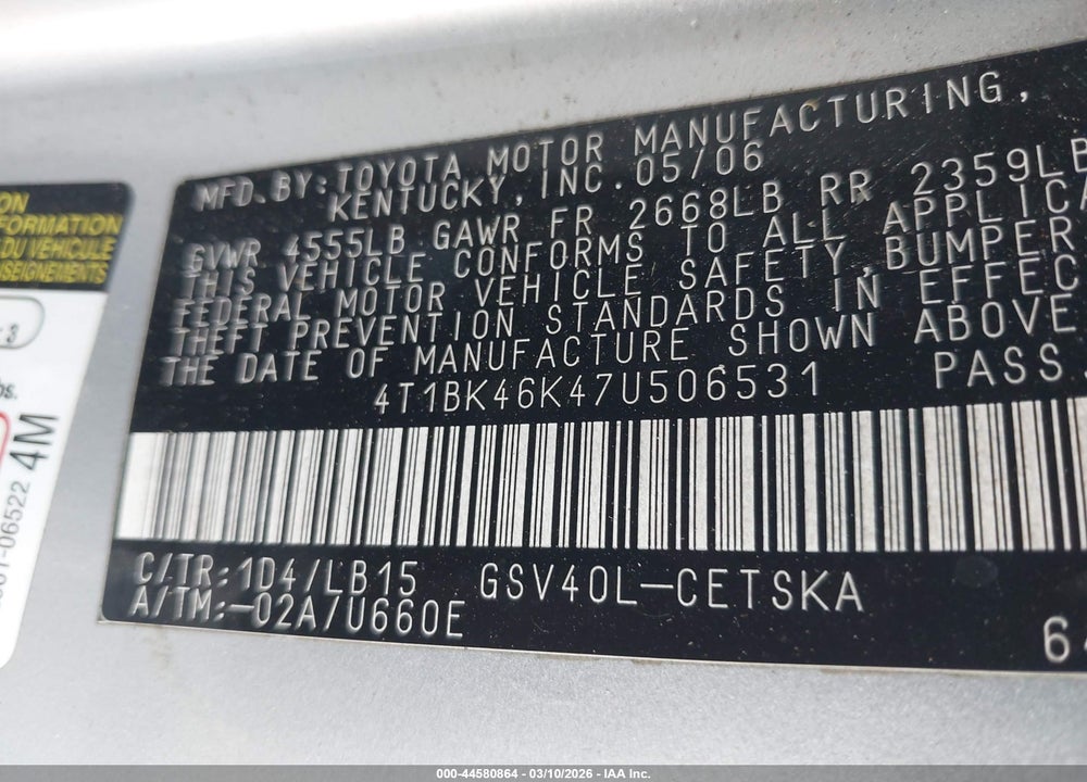 2007 TOYOTA CAMRY SE V6 VIN: 4T1BK46K47U506531
