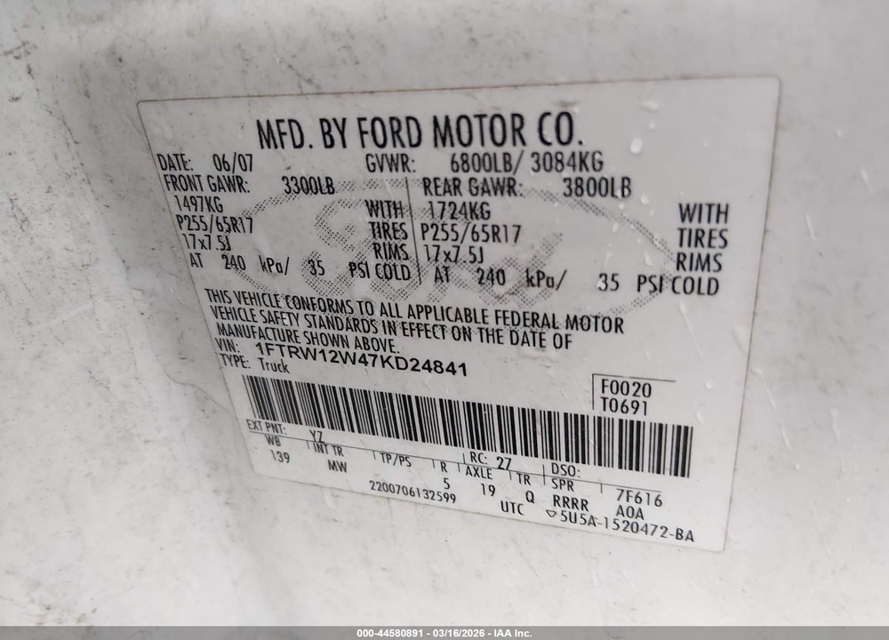 2007 FORD F-150 XLT VIN: 1FTRW12W47KD24841