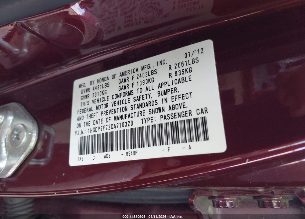 2012 HONDA ACCORD 2.4 EX VIN: 1HGCP2F72CA210320