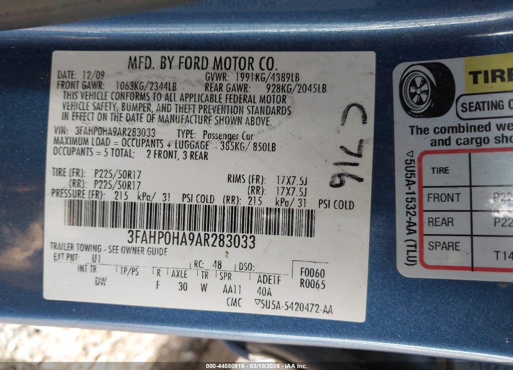 2010 FORD FUSION SE VIN: 3FAHP0HA9AR283033