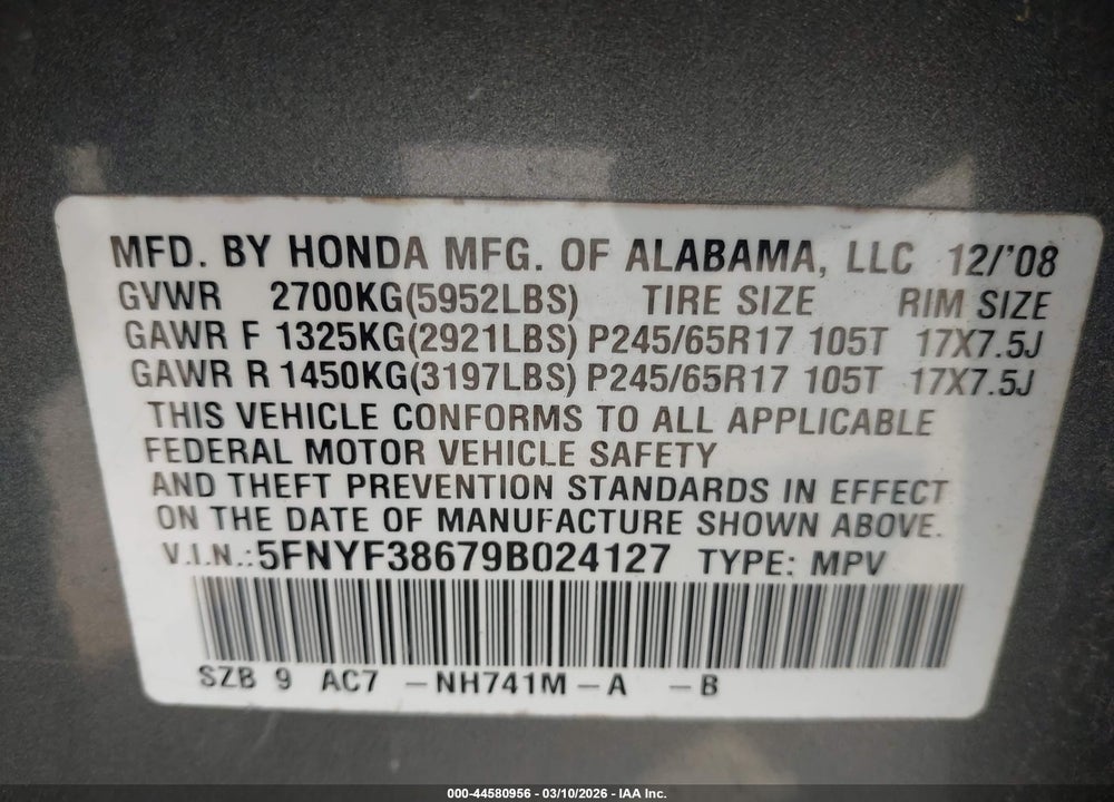 2009 HONDA PILOT EX-L VIN: 5FNYF38679B024127