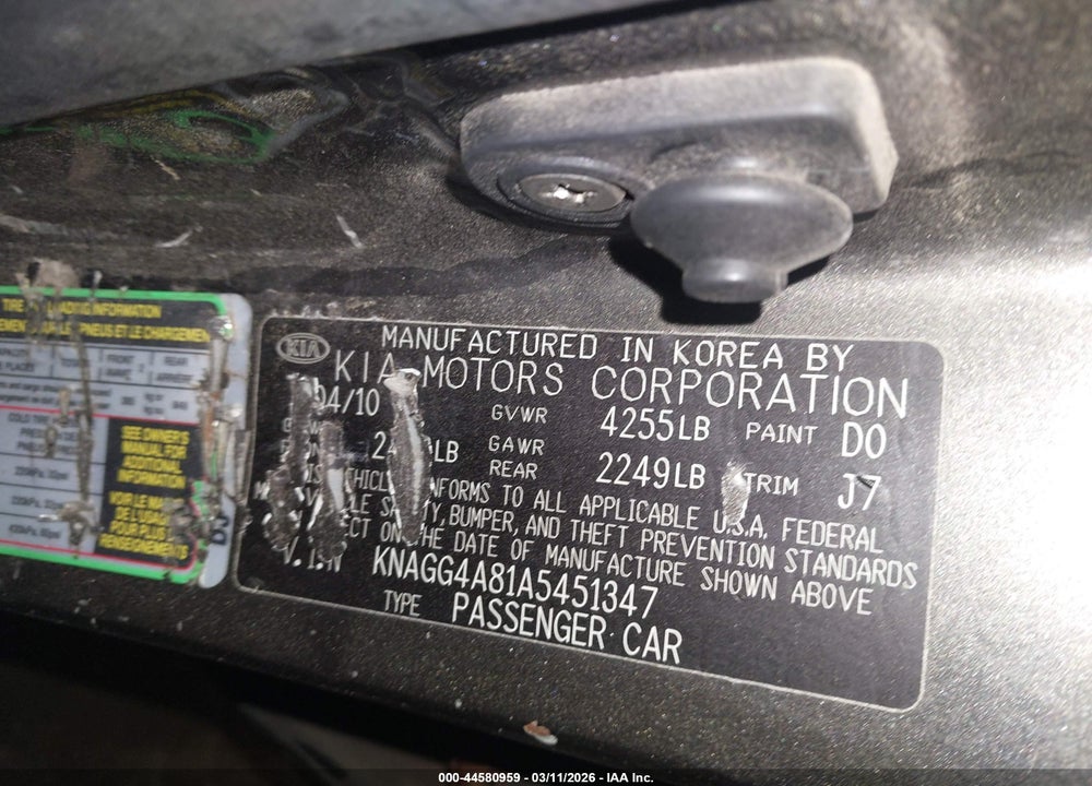 2010 KIA OPTIMA LX VIN: KNAGG4A81A5451347