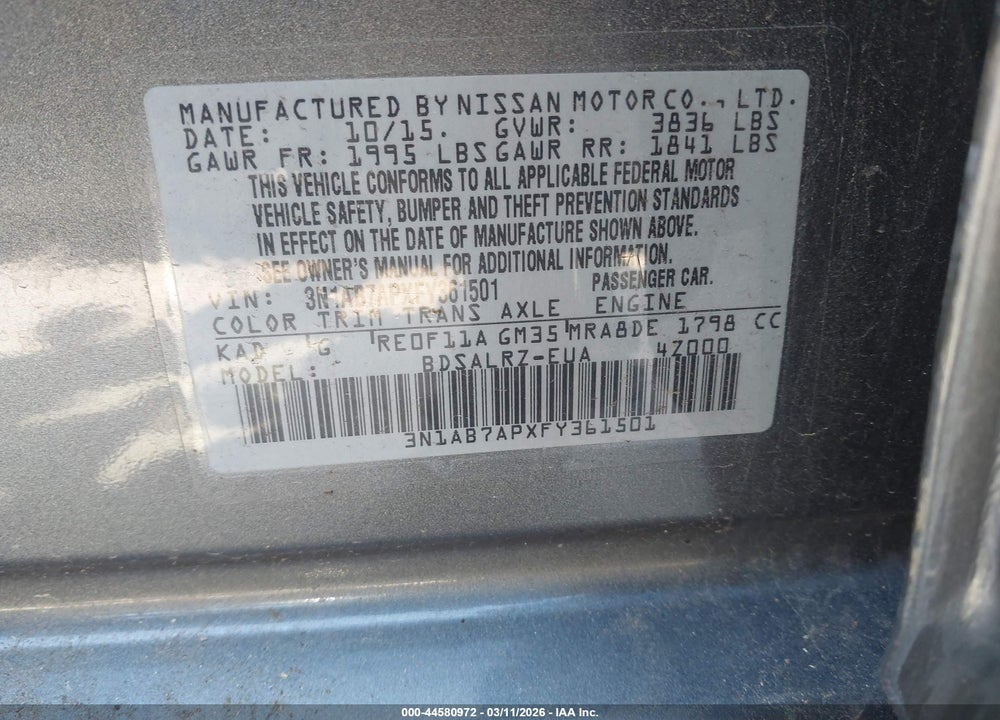 2015 NISSAN SENTRA SR VIN: 3N1AB7APXFY361501