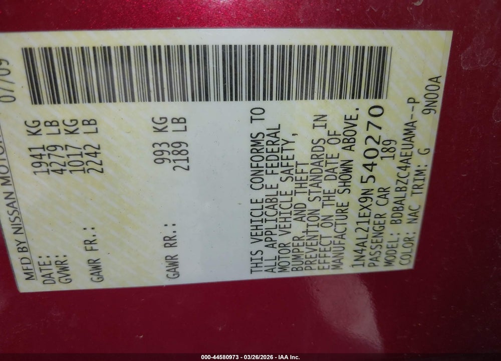 2009 NISSAN ALTIMA 2.5 S VIN: 1N4AL21EX9N540270