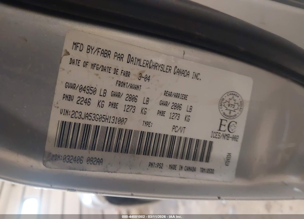 2005 CHRYSLER 300 VIN: 2C3JA53G05H131007