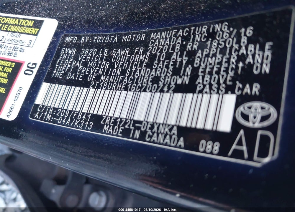2016 TOYOTA COROLLA LE PLUS VIN: 2T1BURHE1GC700742