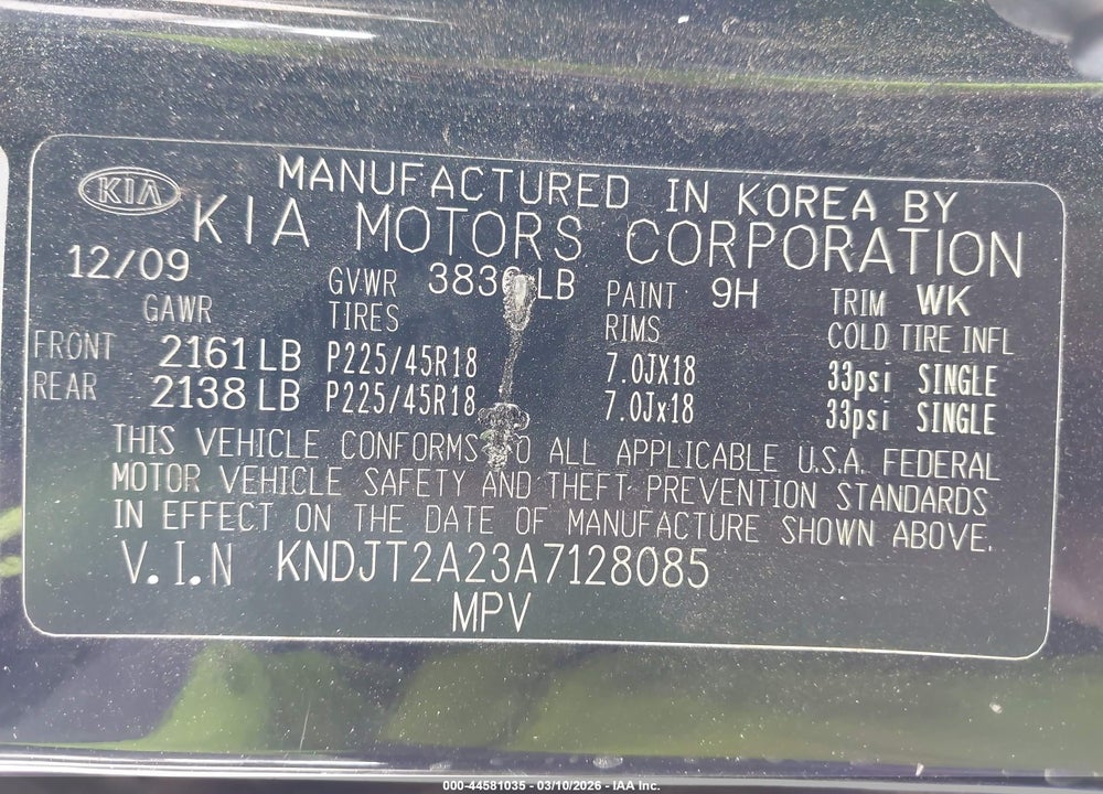 2010 KIA SOUL + VIN: KNDJT2A23A7128085