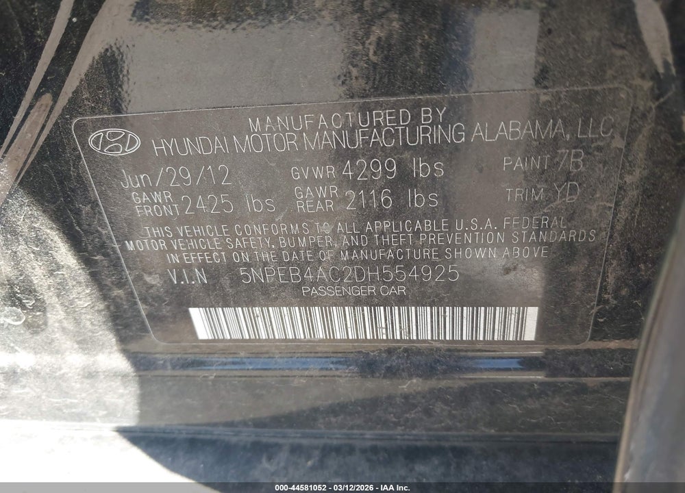 2013 HYUNDAI SONATA GLS VIN: 5NPEB4AC2DH554925