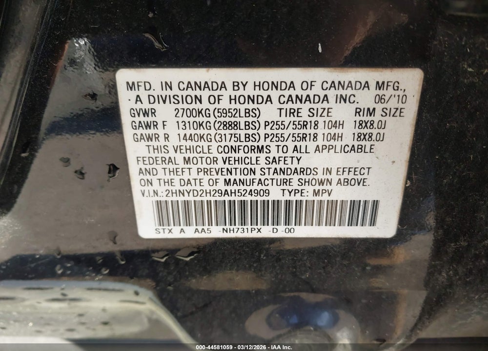 2010 ACURA MDX VIN: 2HNYD2H29AH524909