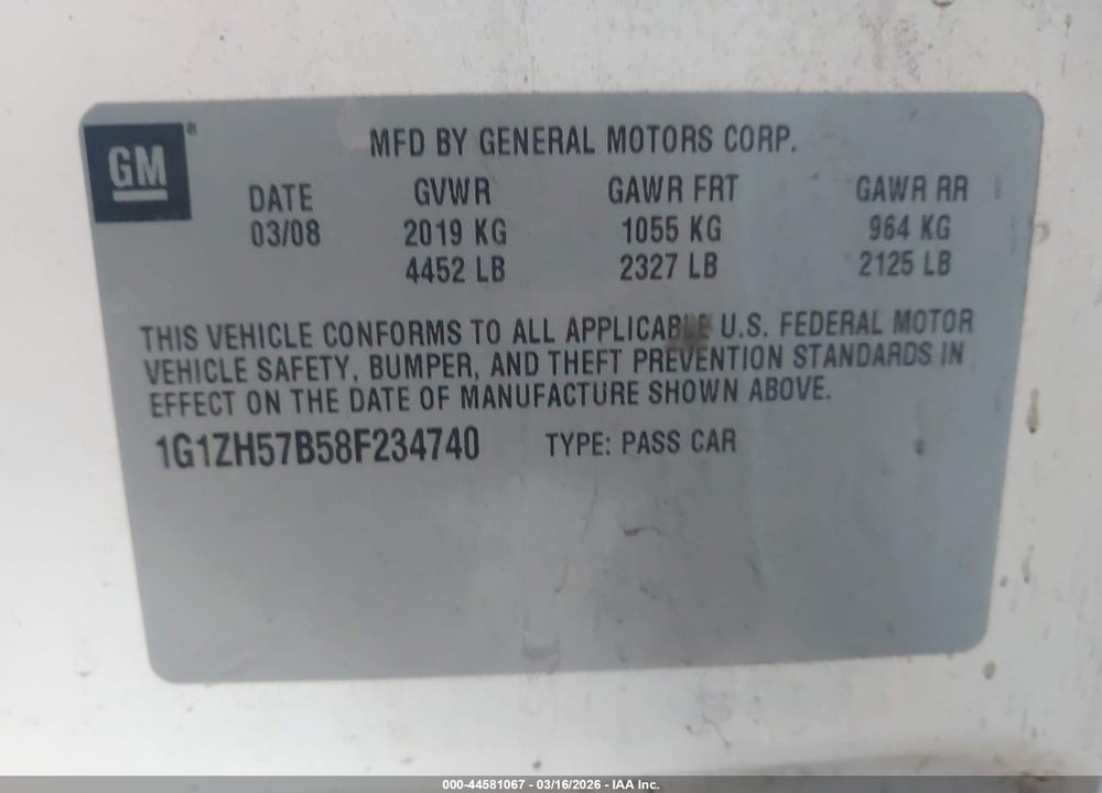 2008 CHEVROLET MALIBU LT VIN: 1G1ZH57B58F234740