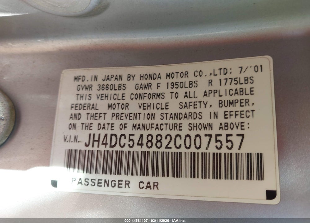 2002 ACURA RSX VIN: JH4DC54882C007557