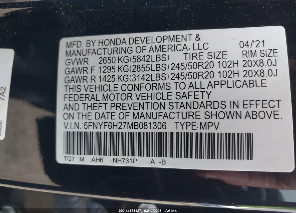 2021 HONDA PILOT AWD SPECIAL EDITION VIN: 5FNYF6H27MB081306