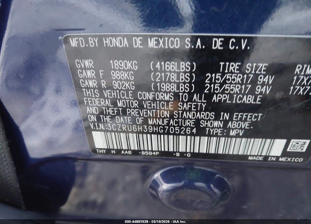 2017 HONDA HR-V LX VIN: 3CZRU6H39HG705264