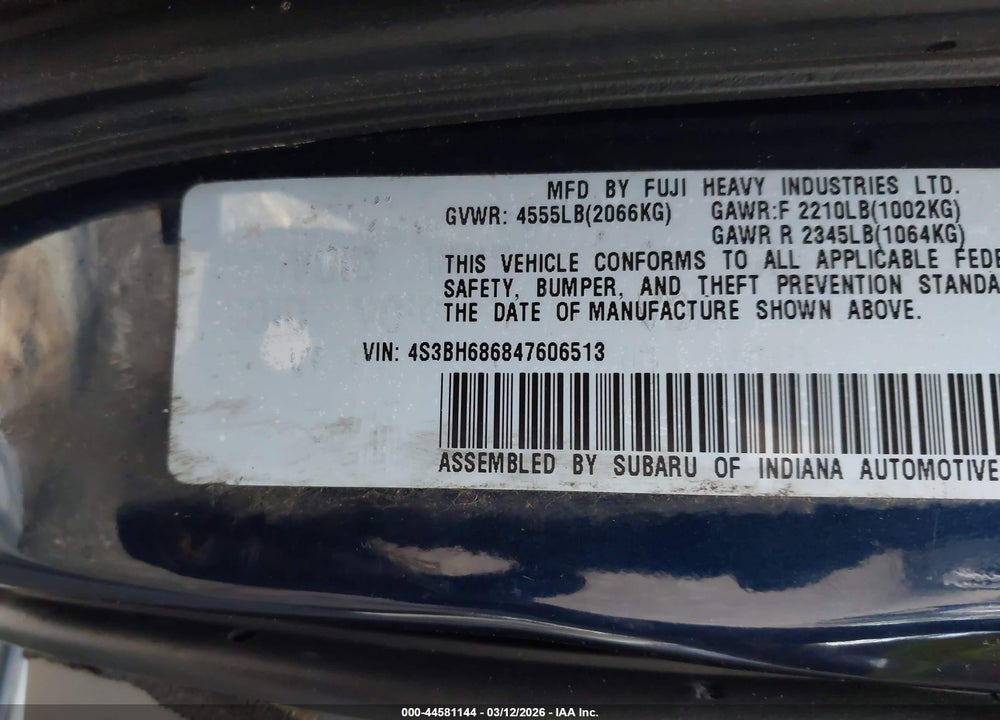 2004 SUBARU LEGACY WAGON OUTBACK LTD VIN: 4S3BH686847606513