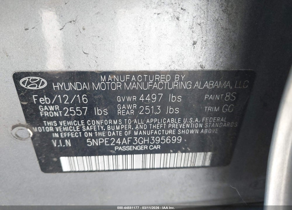2016 HYUNDAI SONATA VIN: 5NPE24AF3GH395699