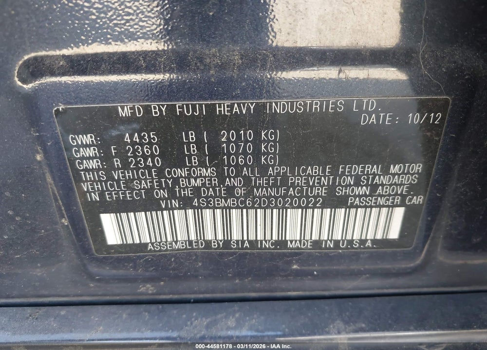 2013 SUBARU LEGACY 2.5I PREMIUM VIN: 4S3BMBC62D3020022