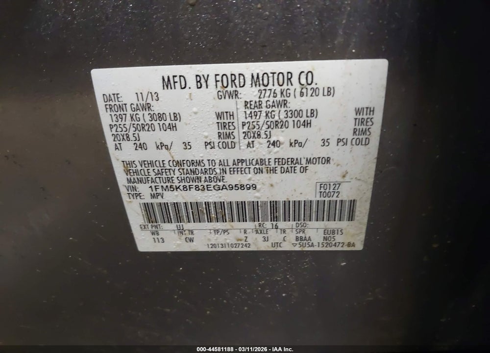 2014 FORD EXPLORER LIMITED VIN: 1FM5K8F83EGA95899