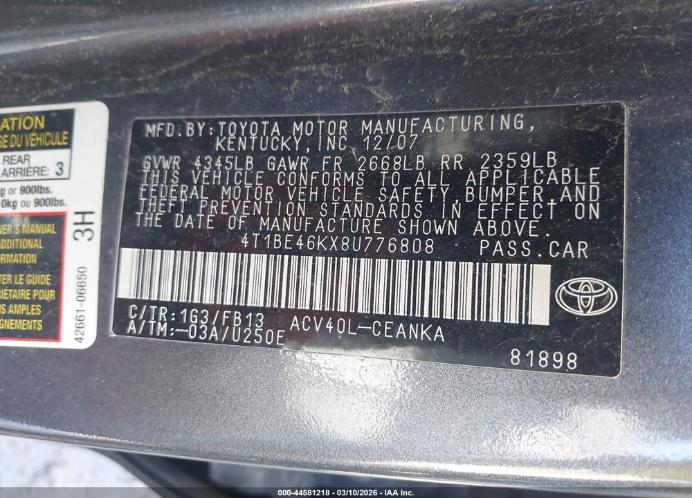 2008 TOYOTA CAMRY LE VIN: 4T1BE46KX8U776808