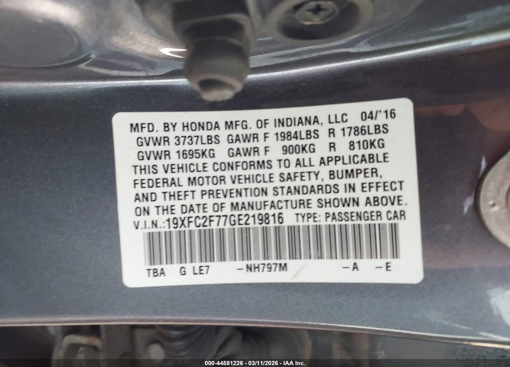 2016 HONDA CIVIC EX VIN: 19XFC2F77GE219816