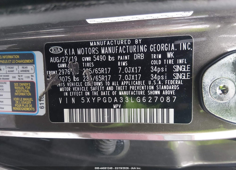 2020 KIA SORENTO 2.4L LX VIN: 5XYPGDA33LG627087