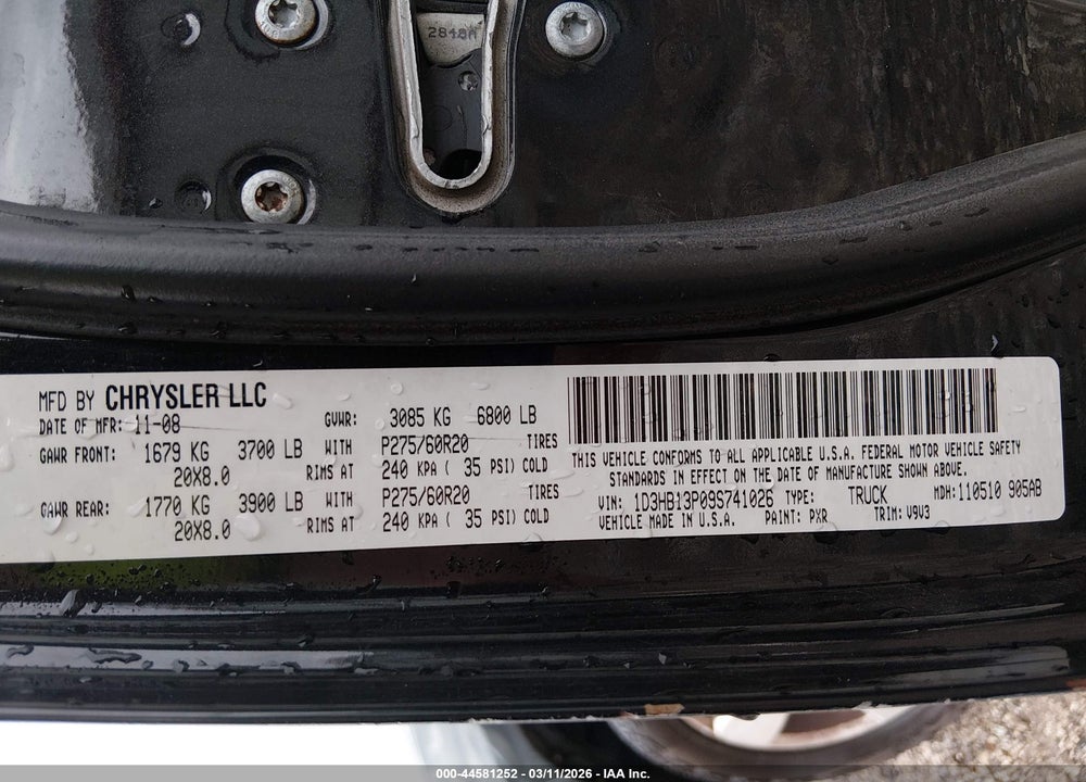 2009 DODGE RAM 1500 SLT/SPORT/TRX VIN: 1D3HB13P09S741026