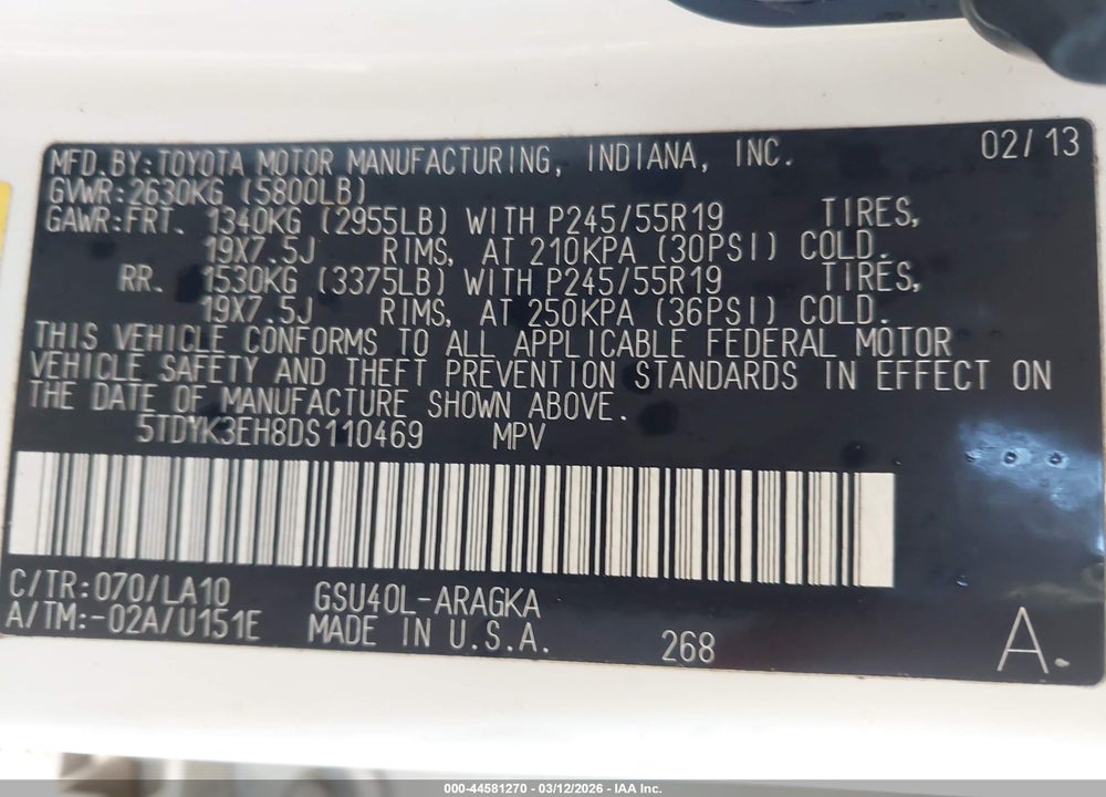 2013 TOYOTA HIGHLANDER LIMITED V6 VIN: 5TDYK3EH8DS110469