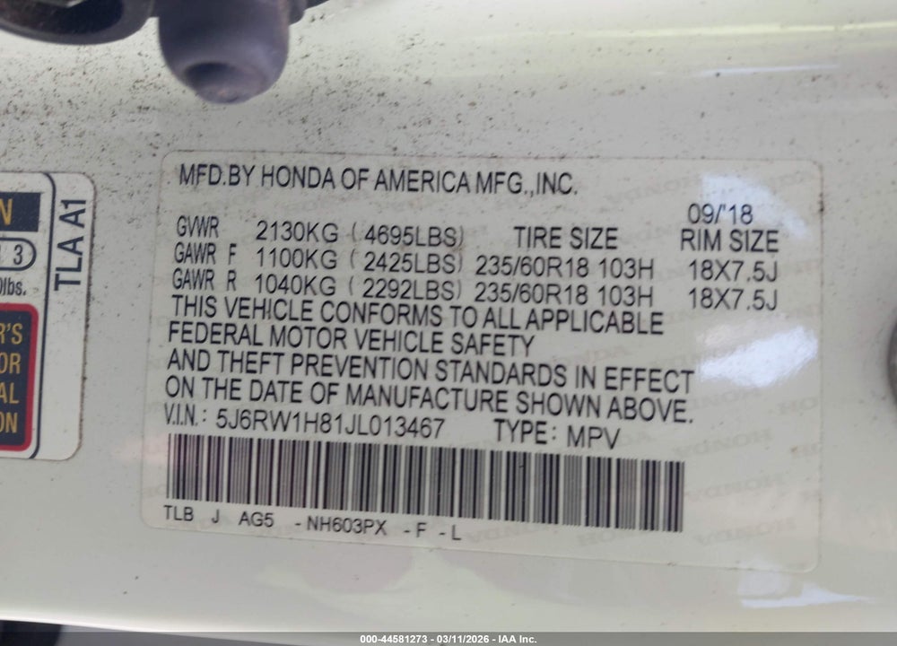 2018 HONDA CR-V EX-L/EX-L NAVI VIN: 5J6RW1H81JL013467