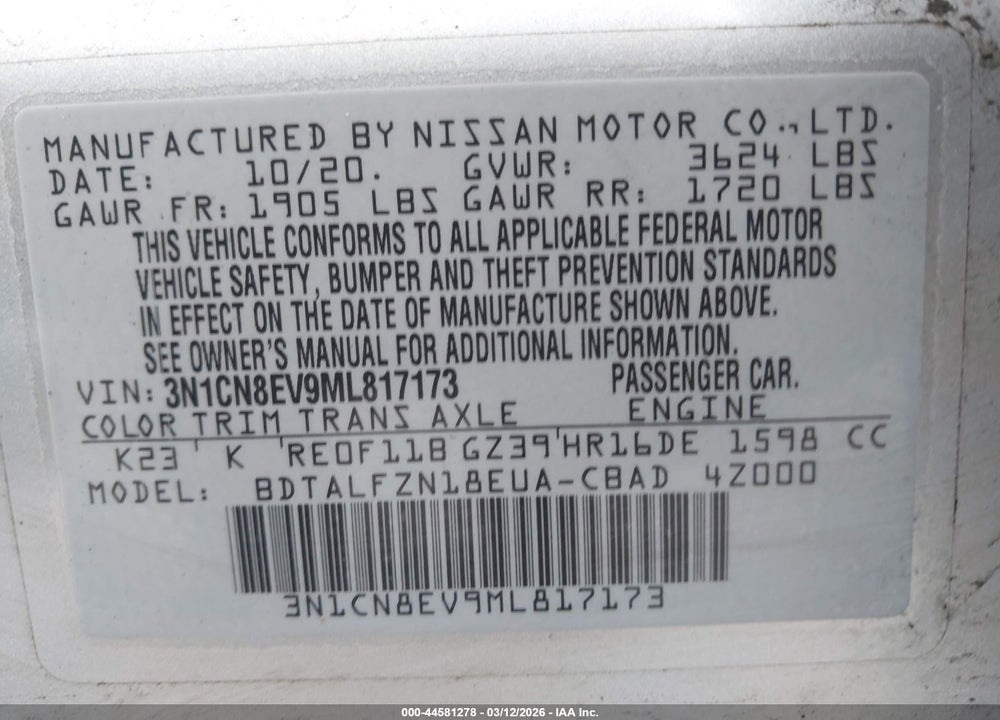 2021 NISSAN VERSA SV XTRONIC CVT VIN: 3N1CN8EV9ML817173