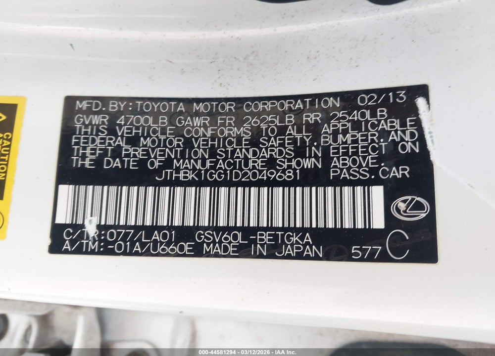 2013 LEXUS ES 350 VIN: JTHBK1GG1D2049681
