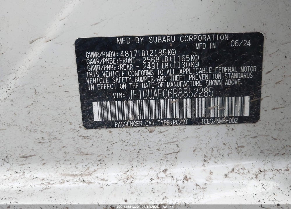 2024 SUBARU IMPREZA SPORT 5-DOOR VIN: JF1GUAFC6R8852285