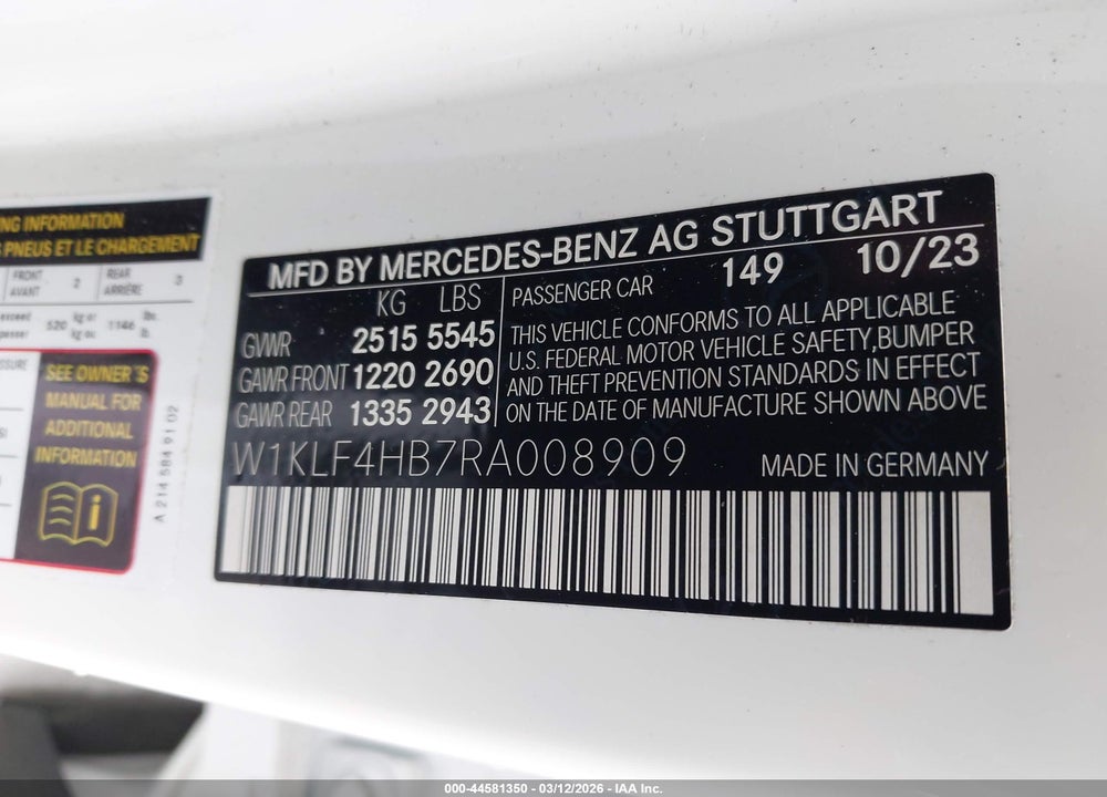 2024 MERCEDES-BENZ E 350 VIN: W1KLF4HB7RA008909