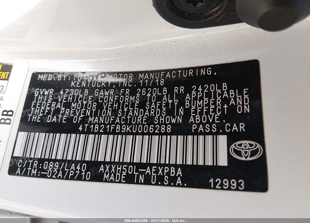 2019 TOYOTA AVALON HYBRID LIMITED VIN: 4T1B21FB9KU006288