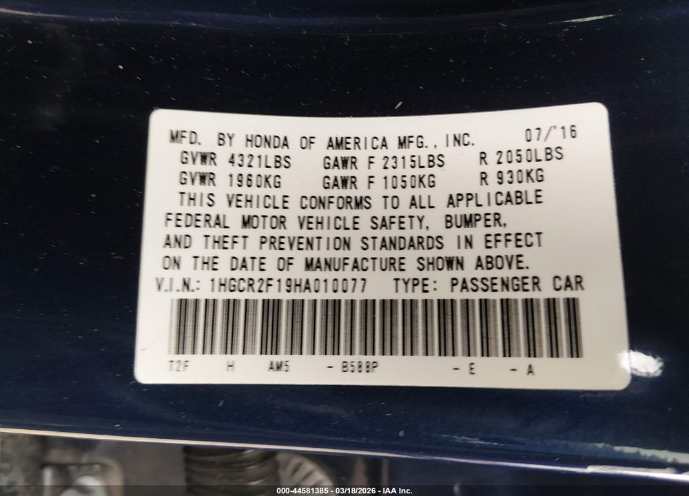2017 HONDA ACCORD SEDAN VIN: 1HGCR2F19HA010077