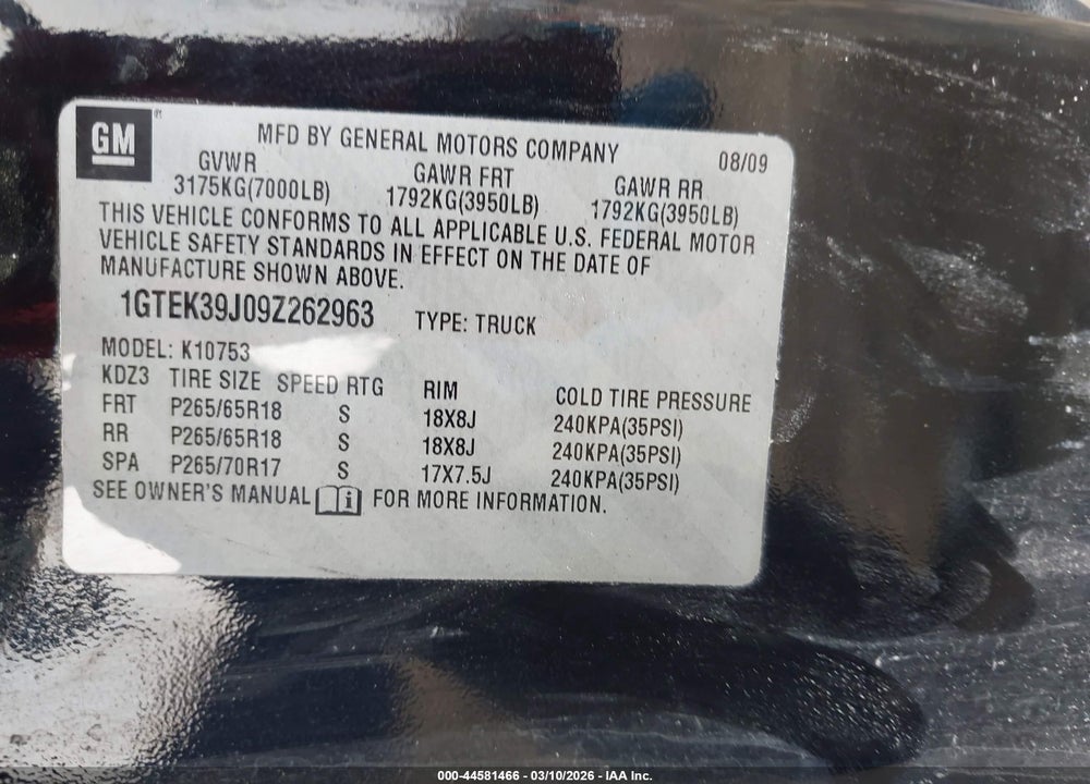 2009 GMC SIERRA 1500 SLT VIN: 1GTEK39J09Z262963
