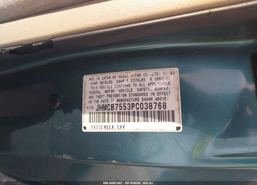 1993 HONDA ACCORD LX VIN: JHMCB7553PC038768