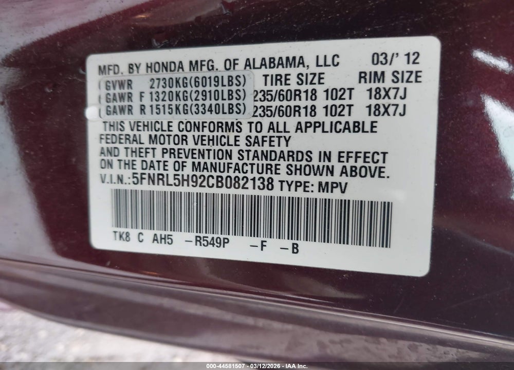 2012 HONDA ODYSSEY TOURING/TOURING ELITE VIN: 5FNRL5H92CB082138