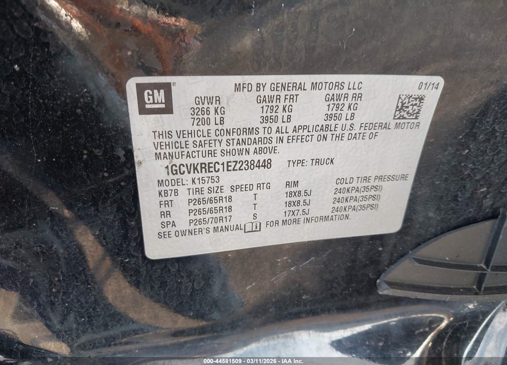 2014 CHEVROLET SILVERADO 1500 2LT VIN: 1GCVKREC1EZ238448