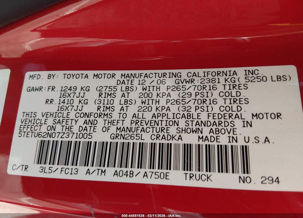2007 TOYOTA TACOMA PRERUNNER V6 VIN: 5TETU62N07Z371005
