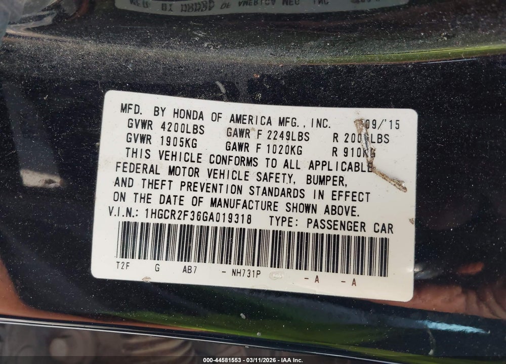 2016 HONDA ACCORD LX VIN: 1HGCR2F36GA019318